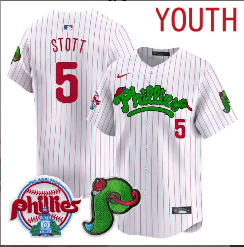 Youth  Philadelphia Phillies #5 Stott white with red strips Limited 2024 MLB Nike jersey